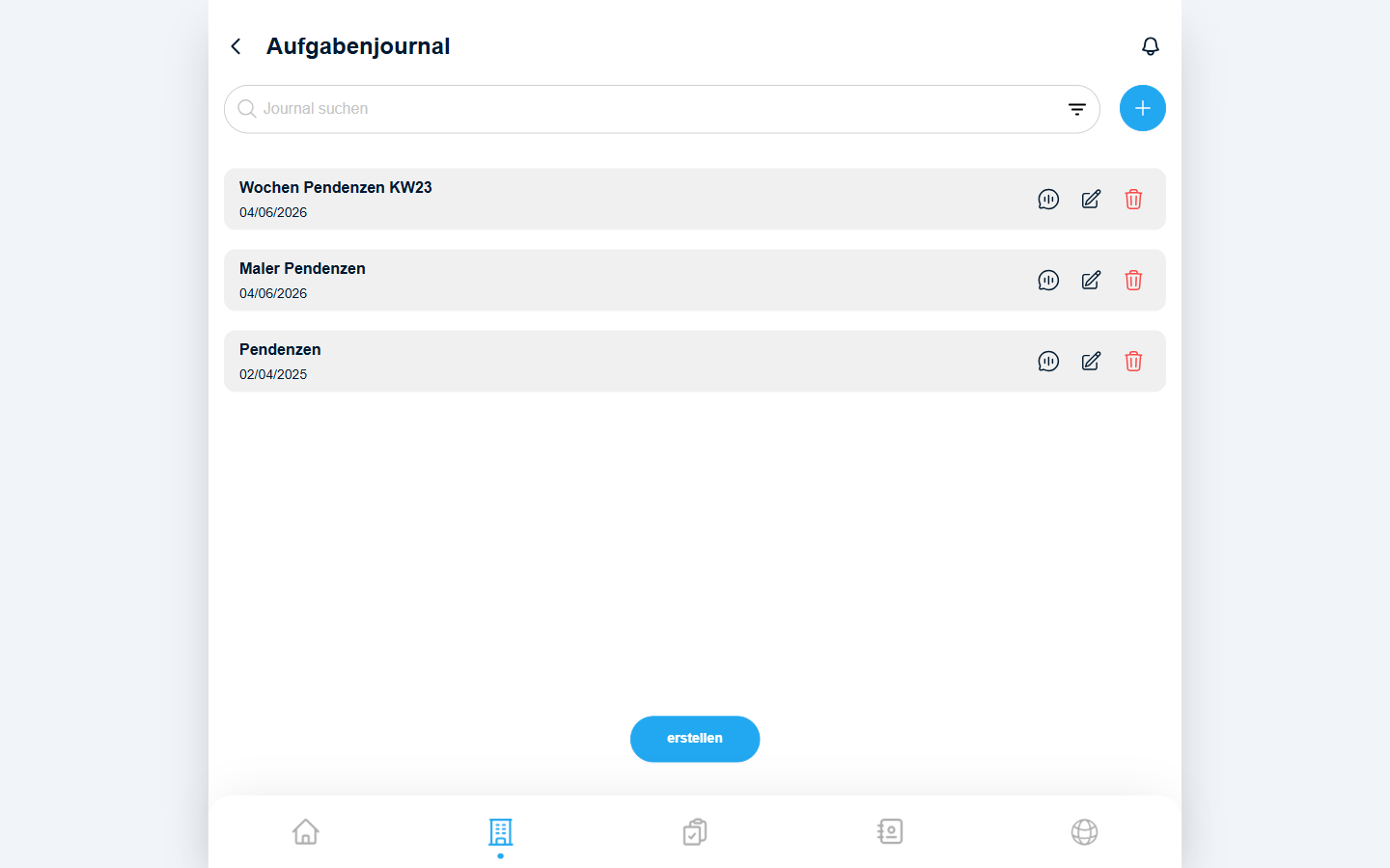 Übersicht der Aufgabenjournale eines Projekts