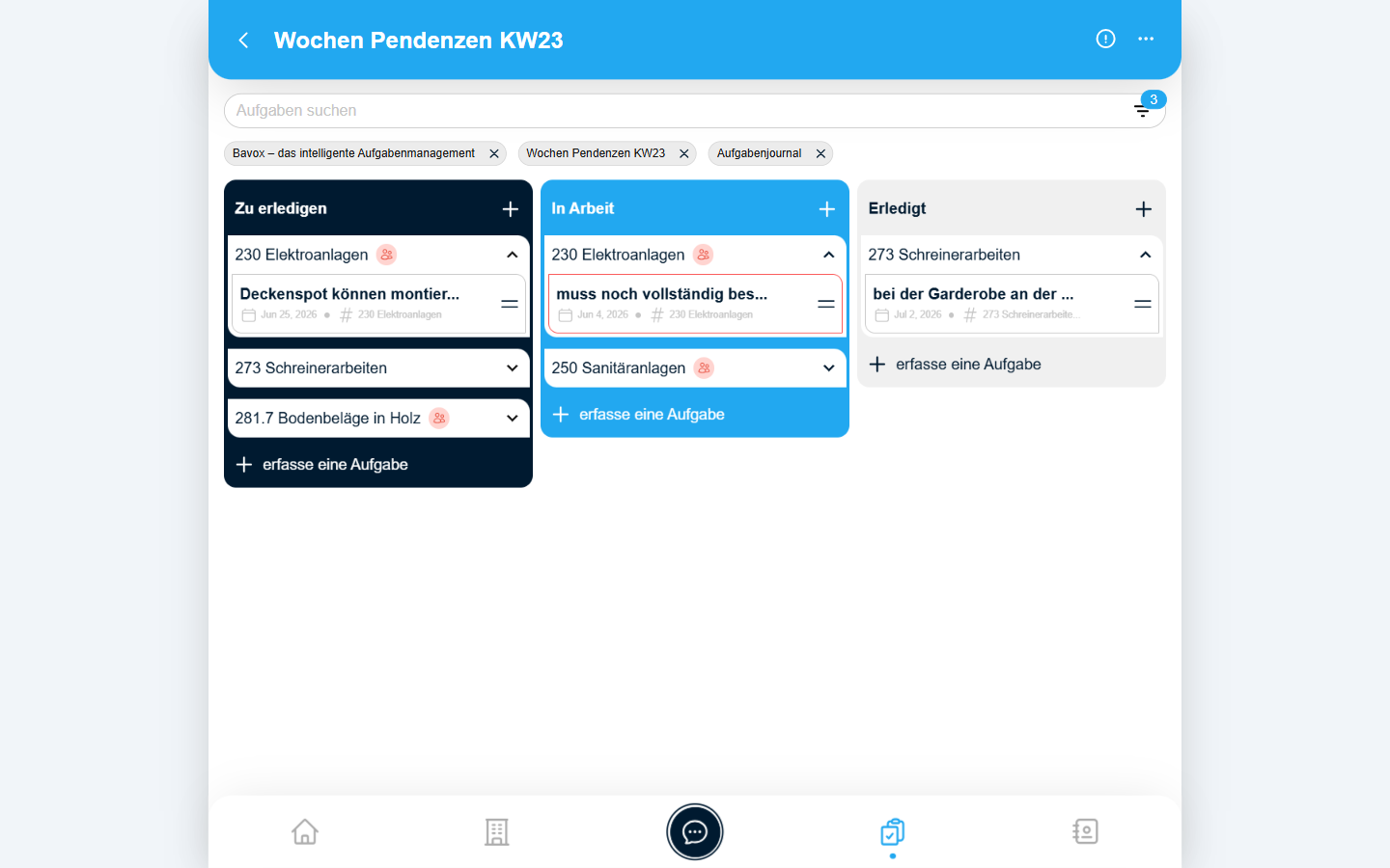 Kanbanboard mit den Spalten „Zu erledigen", „In Arbeit" und „Erledigt"