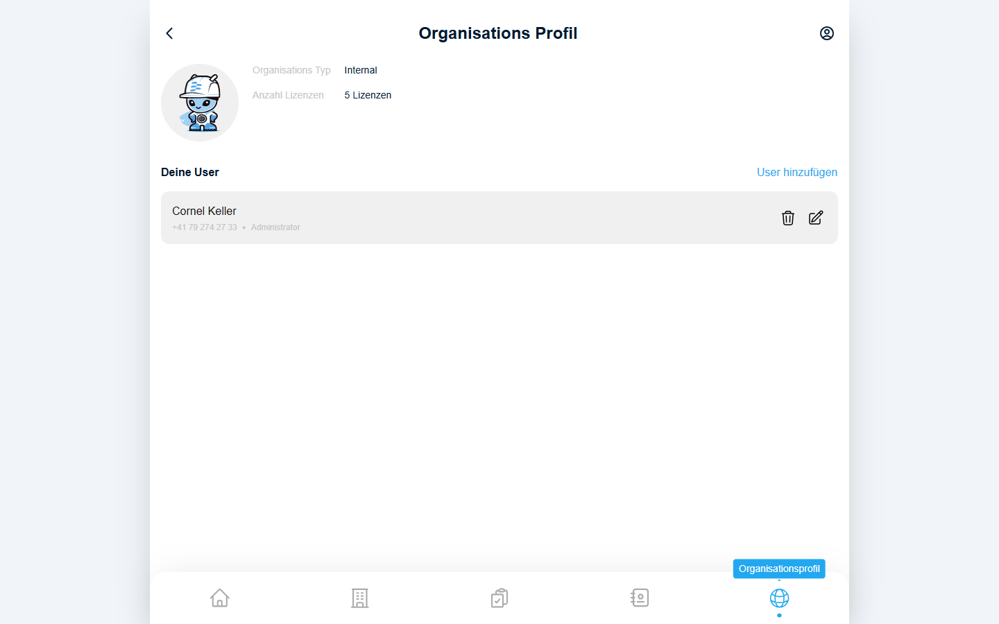 Organisationsprofil mit Lizenzen und Usern