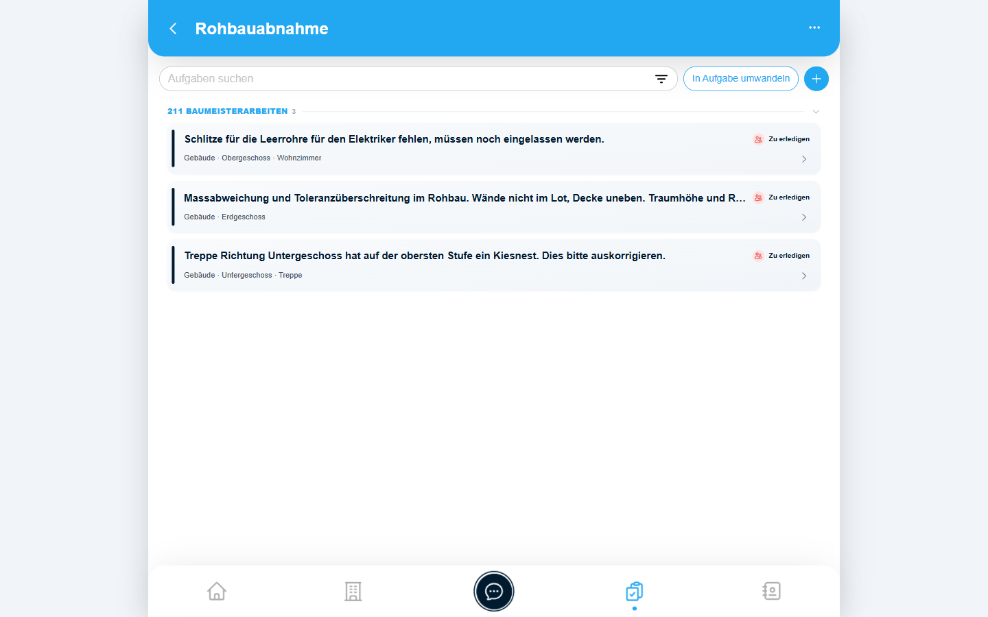 Mängelliste eines Journals mit „In Aufgabe umwandeln"