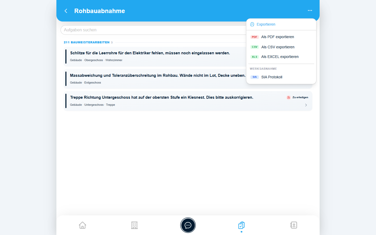Export-Menü mit PDF, CSV, Excel und SIA-Protokoll