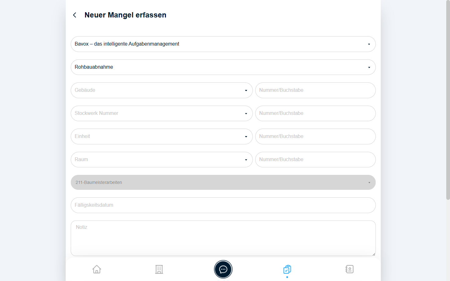 Formular „Neuer Mangel erfassen" mit fest vorgegebenem BKP