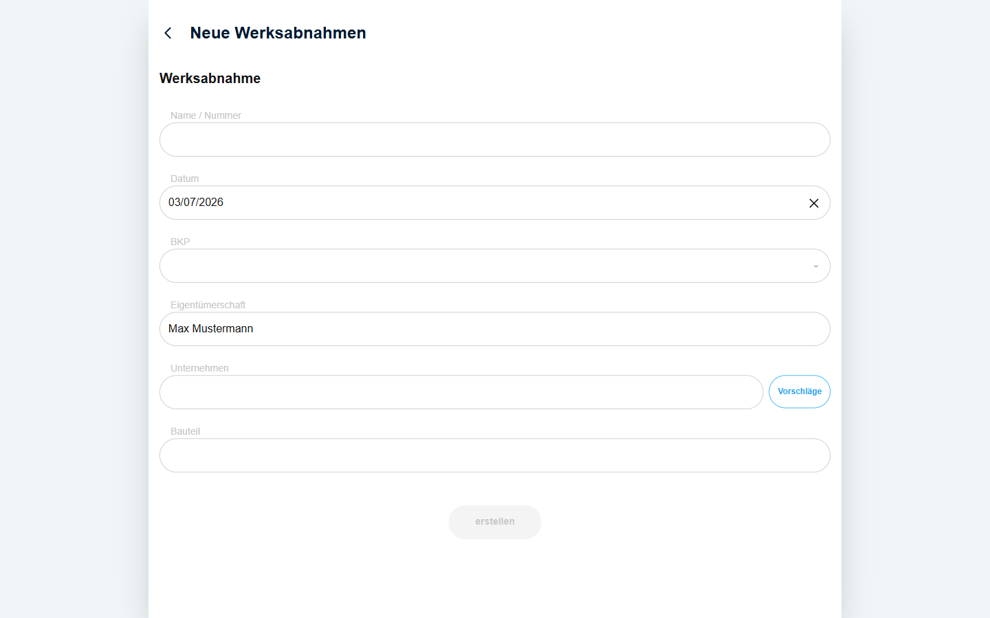 Formular „Neue Werksabnahme"