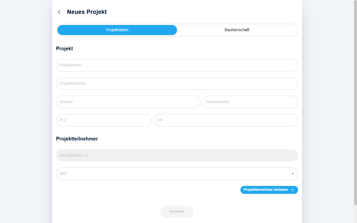 Formular „Neues Projekt" mit den Reitern „Projektdaten" und „Bauherrschaft"