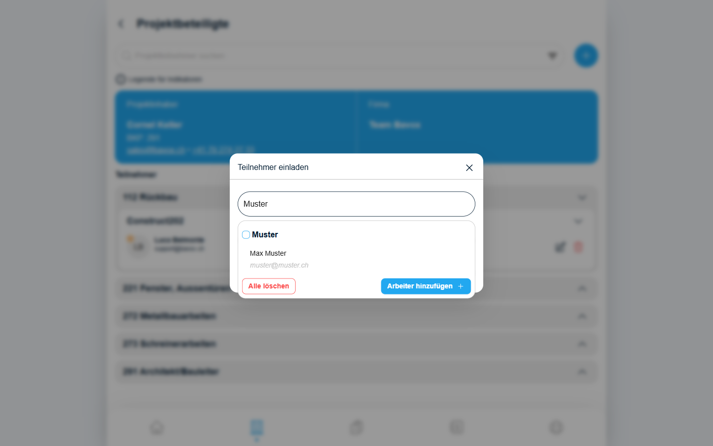 Dialog „Teilnehmer einladen" mit Suchtreffern aus dem Kontaktmanagement