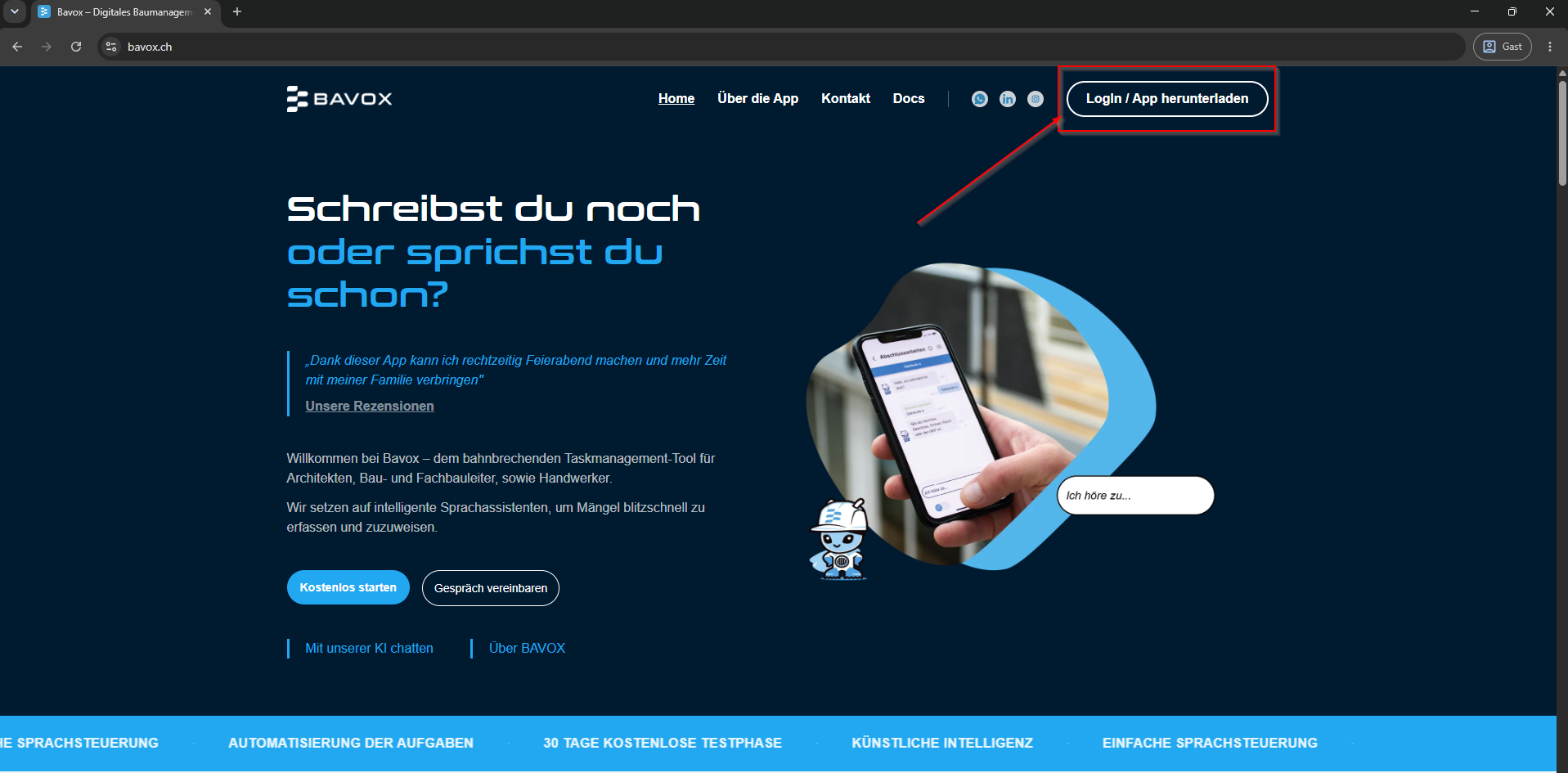 Startseite von bavox.ch mit dem Button „Login / App herunterladen" oben rechts